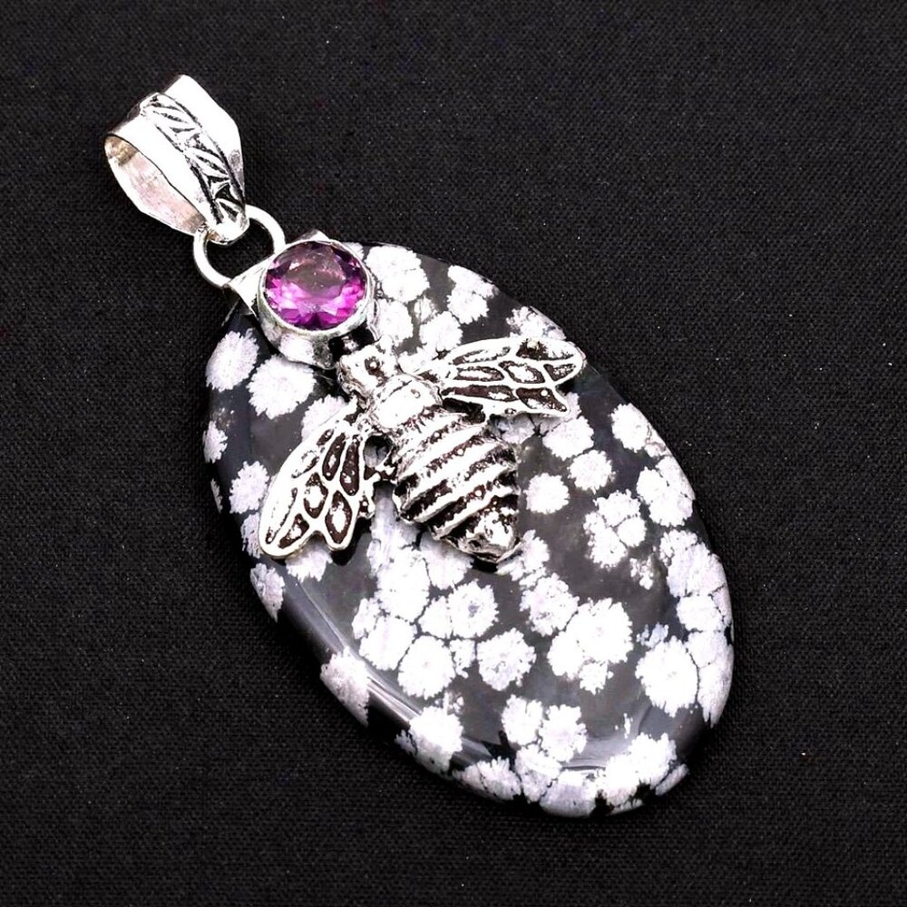 Snowflake Obsidian Amethyst Sterling Silver Pendant